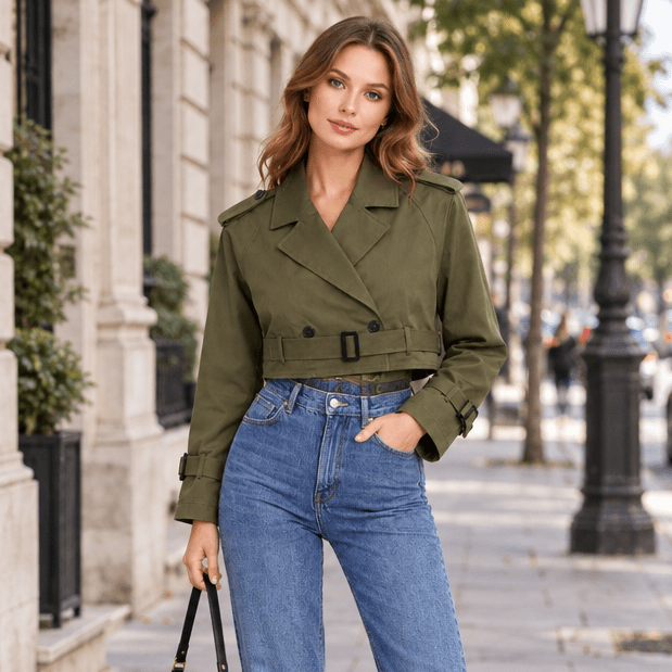 Dame Cropped Trenchcoat i Klassisk Stil