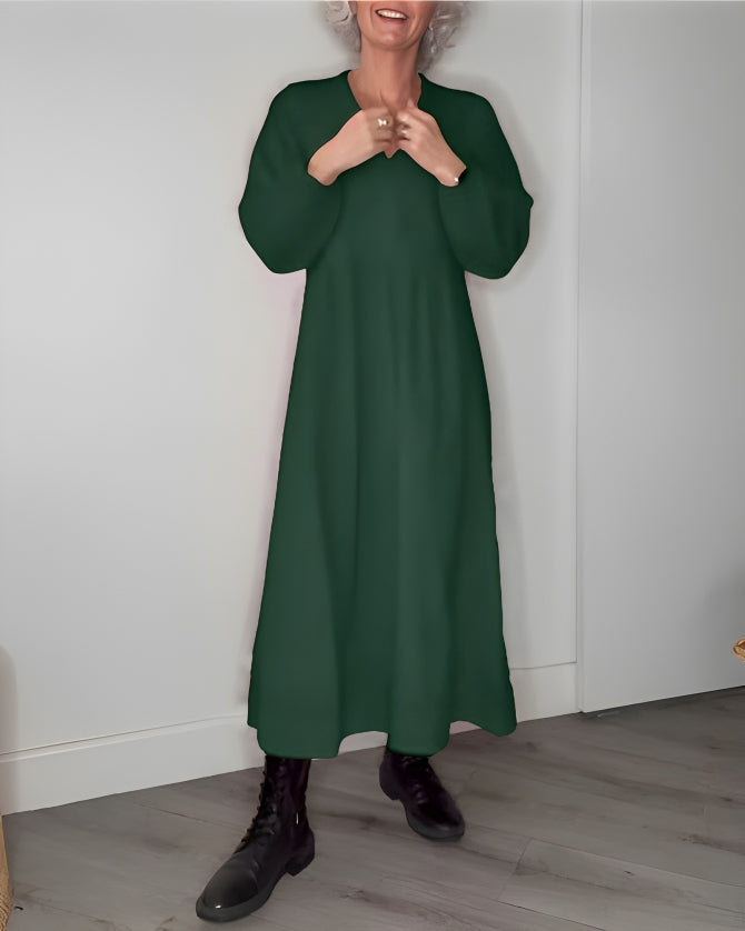 Dame Lang Kjole med V-hals og Lange Ærmer