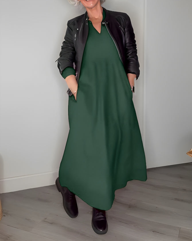 Dame Lang Kjole med V-hals og Lange Ærmer