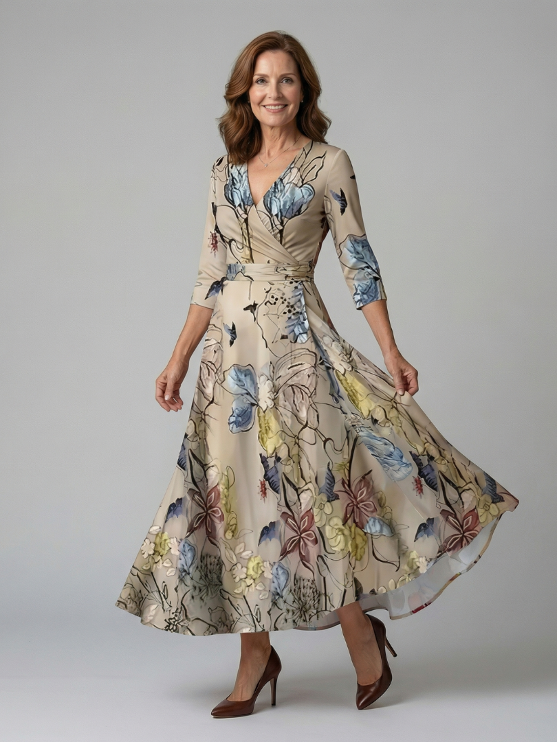 Dame Midikjole med Wrap-Hals og Blomsterprint