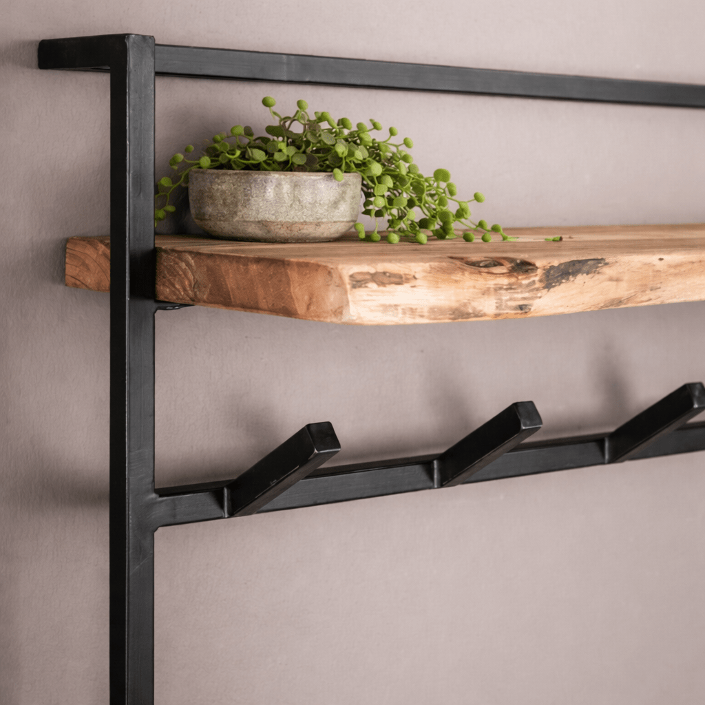 Industrial-Style Wall Coat Rack – Solid Acacia Wood with Black Metal Hooks for the Entryway or Living Room