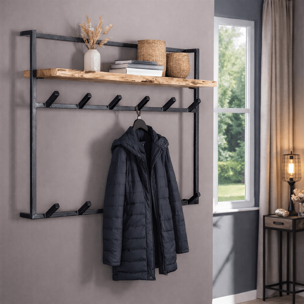 Industrial-Style Wall Coat Rack – Solid Acacia Wood with Black Metal Hooks for the Entryway or Living Room