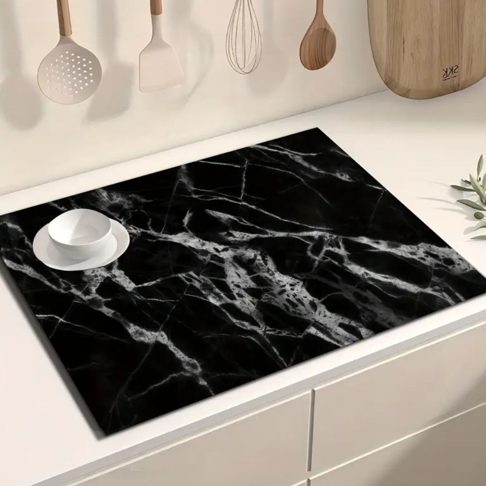 Marmorprint Opvaskemåtte – Sort og Hvid, Stilfuld Trok til Køkken eller Kaffeområde