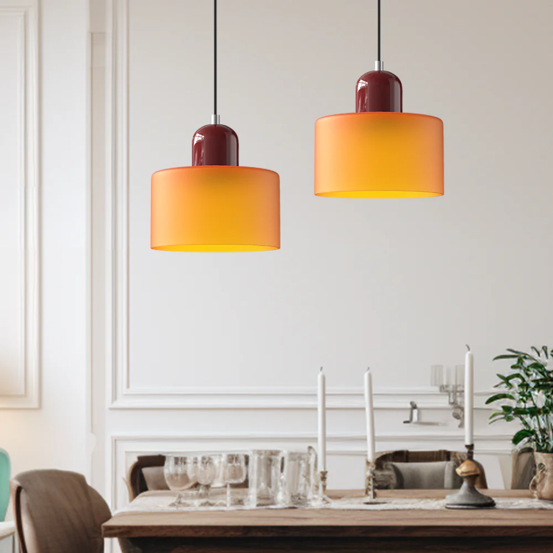 Retro Pendant Light – Dark Green and Orange Glass for a Dining Table or Reading Nook with Adjustable Hanging Length