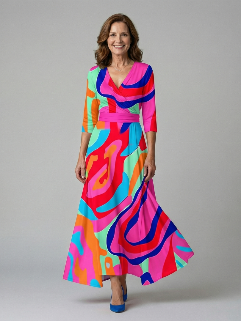 Dame Midikjole med Wrap-Hals og Blomsterprint