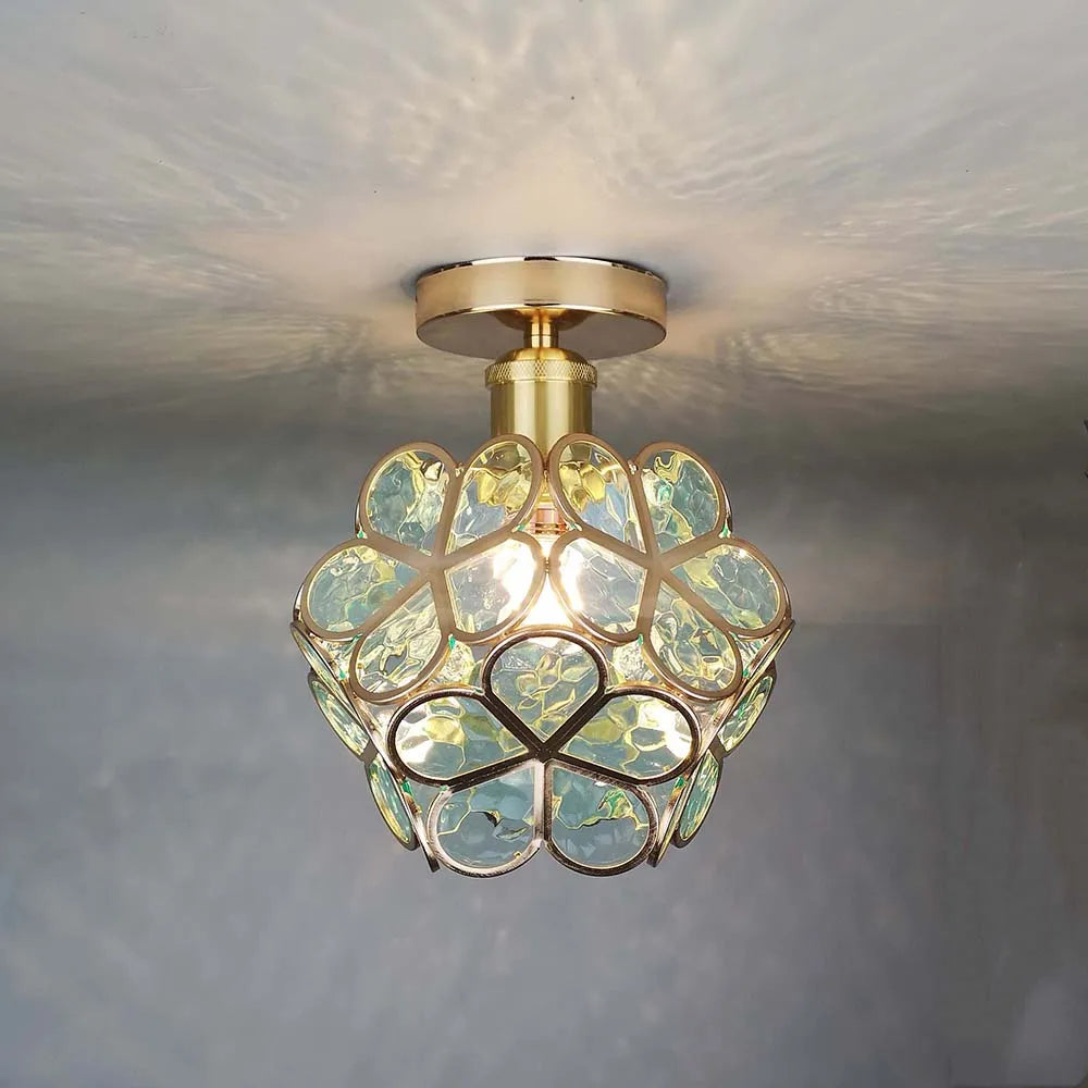 Lámpara de techo – Acrílico dorado con detalles transparentes, con forma de flor, para el dormitorio o el pasillo