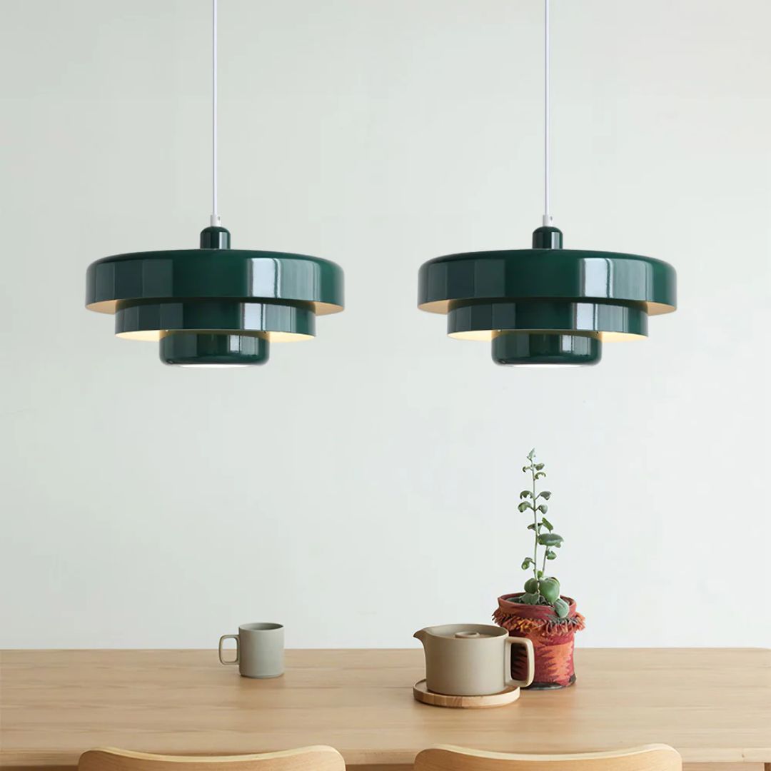 Layered pendant lamp – Modern metal lamp in green, orange or white for dining table or living room.