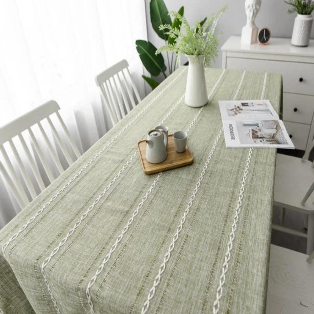 Cotton and Linen Tablecloth – Beige with Striped Design and Embroidery for Dining Table or Outdoor Parties