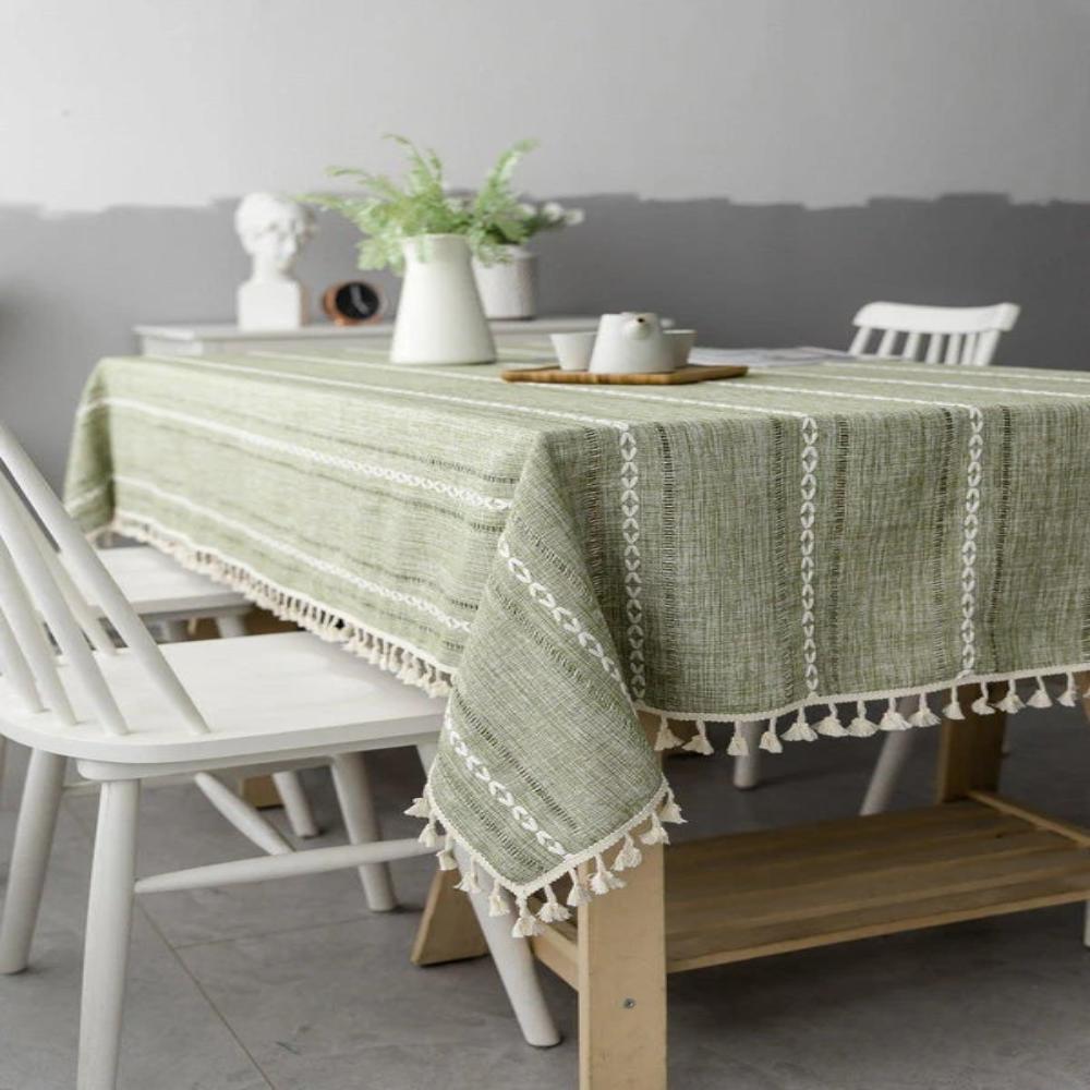 Cotton and Linen Tablecloth – Beige with Striped Design and Embroidery for Dining Table or Outdoor Parties