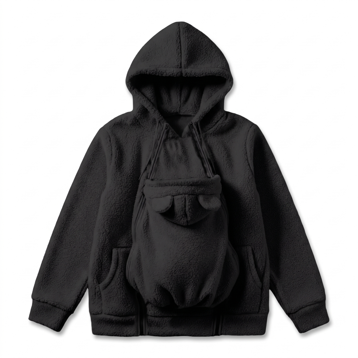 Fleece baby carrier hoodie shown in available colors and sizes