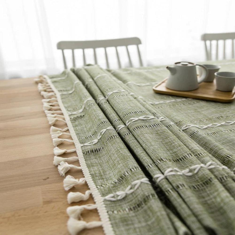 Cotton and Linen Tablecloth – Beige with Striped Design and Embroidery for Dining Table or Outdoor Parties