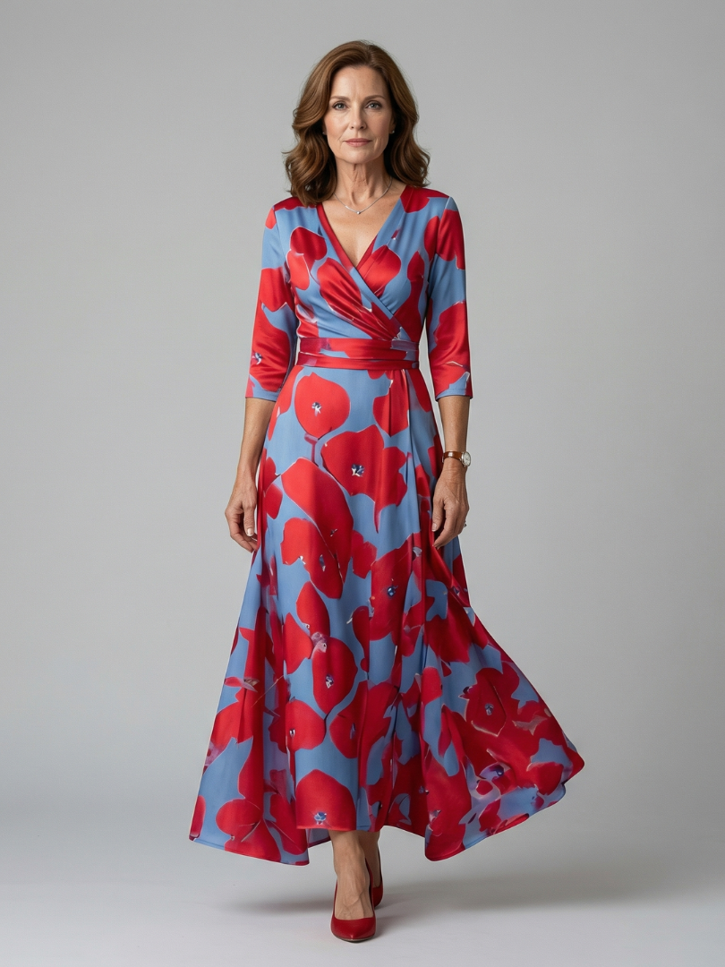 Dame Midikjole med Wrap-Hals og Blomsterprint