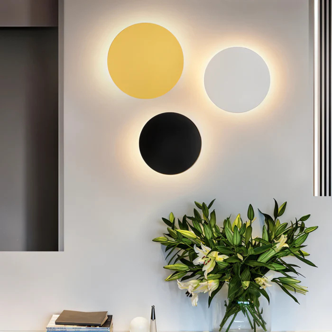 Round LED Wall Lamp – Black, Gold and White, Modern Lighting for Living Room or Bedroom