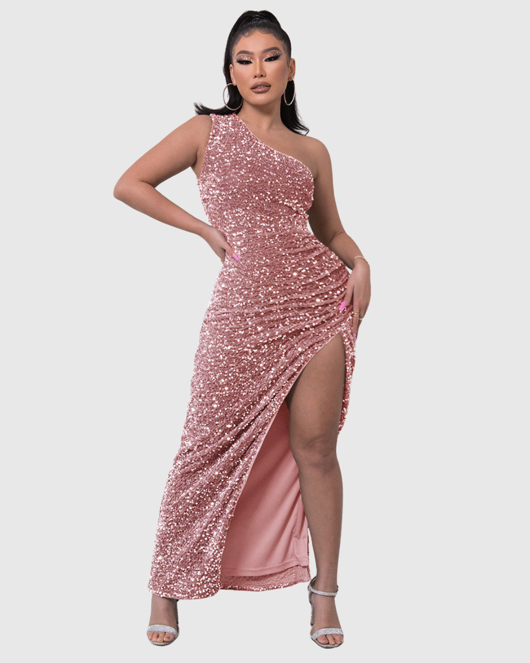 Dame Aftenkjole med Pailletter og One-Shoulder Design