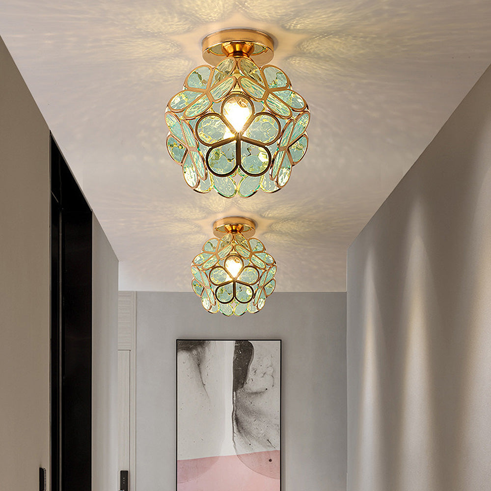Lámpara de techo – Acrílico dorado con detalles transparentes, con forma de flor, para el dormitorio o el pasillo