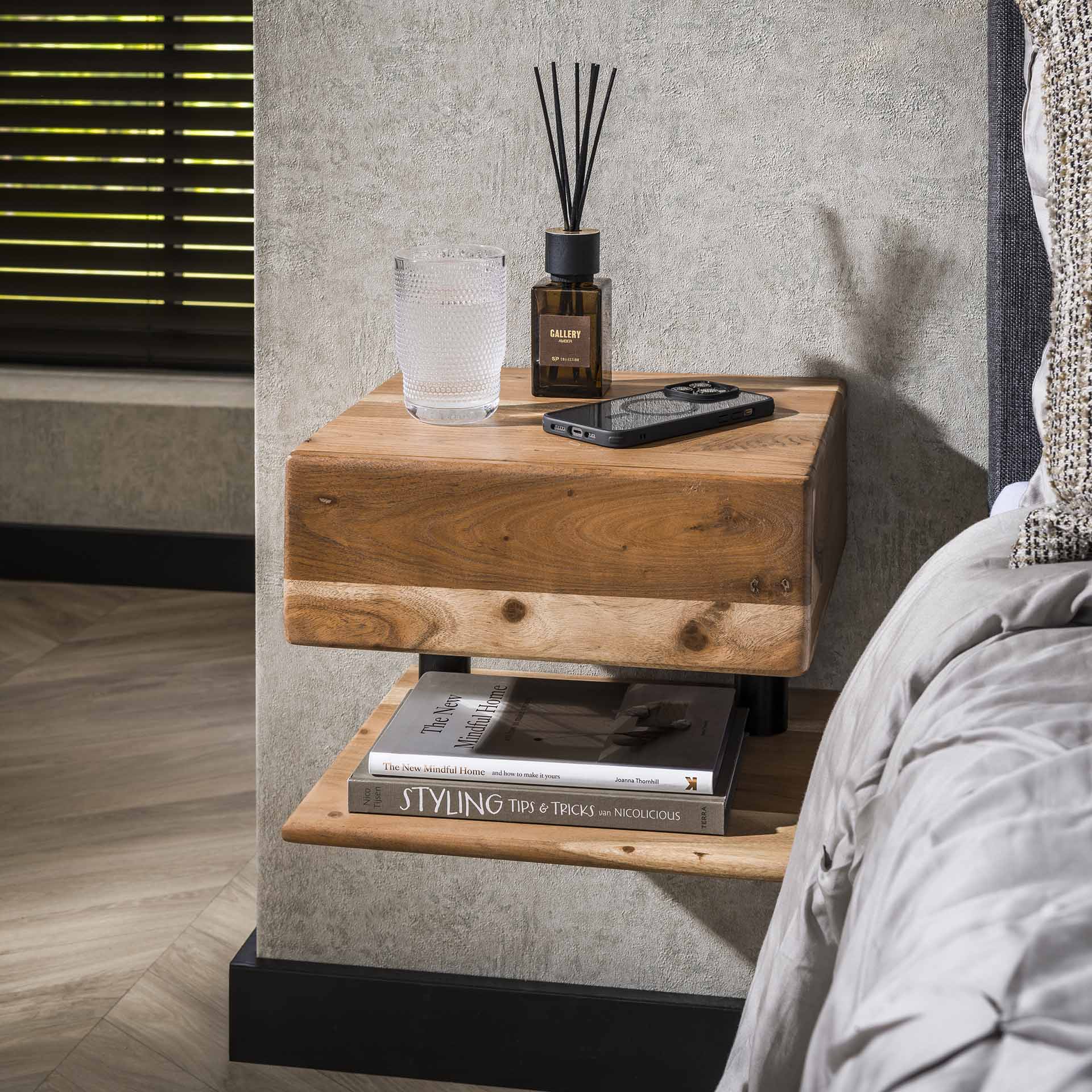 Floating Nightstand – Solid Acacia Wood, Natural Color with drawer and Open Shelf for Bedroom Decor