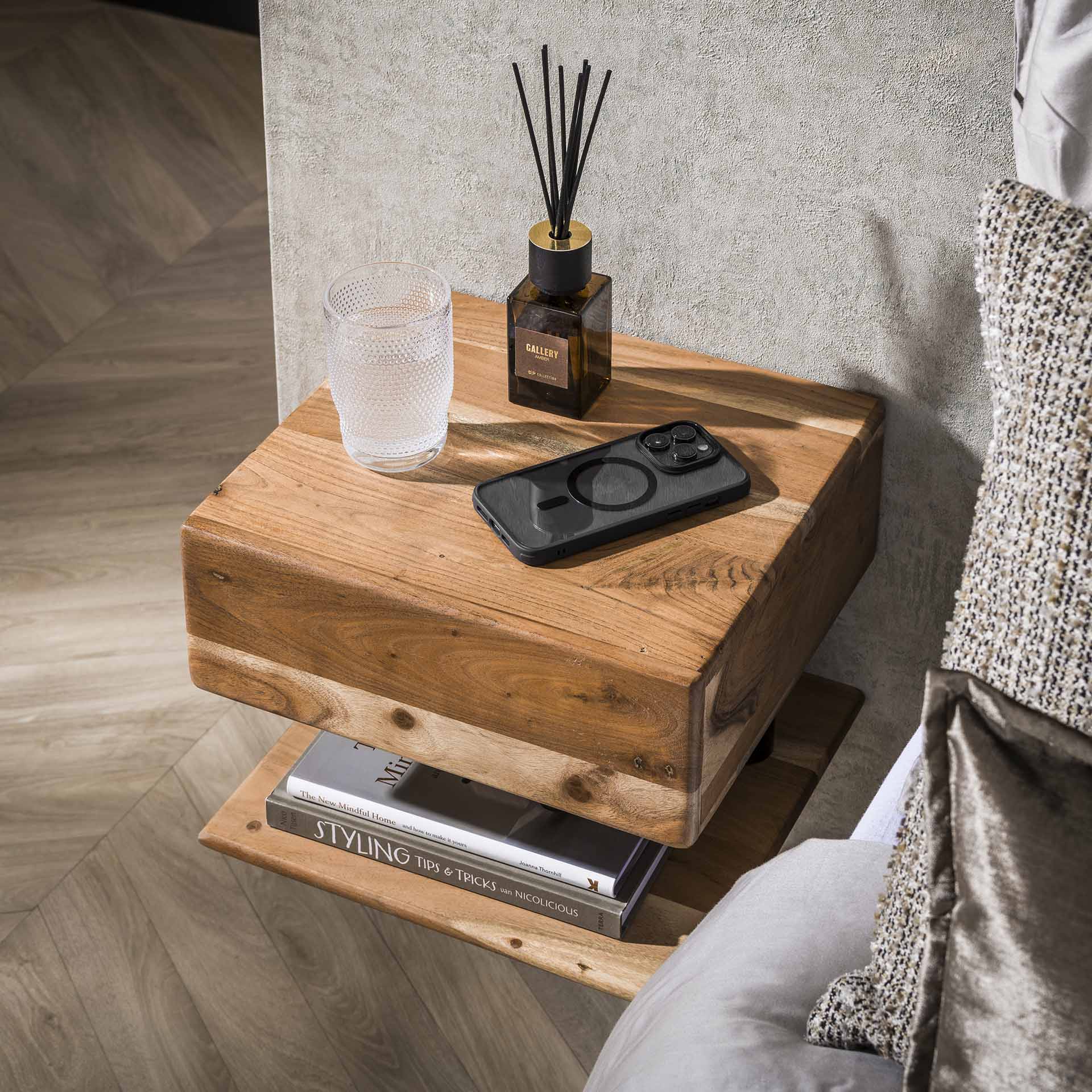 Floating Nightstand – Solid Acacia Wood, Natural Color with drawer and Open Shelf for Bedroom Decor