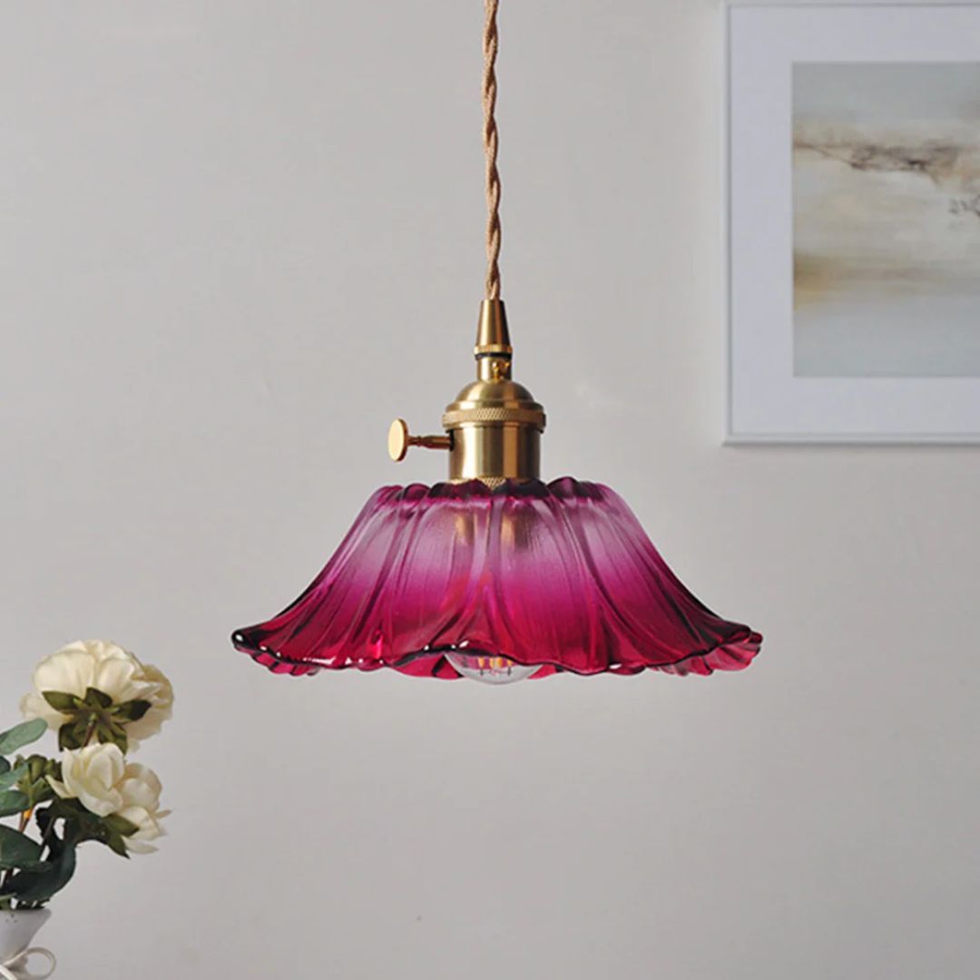 Ceiling Lamp – Deep Red Glass, Flower Shape for Dining Table or Living Room Decoration