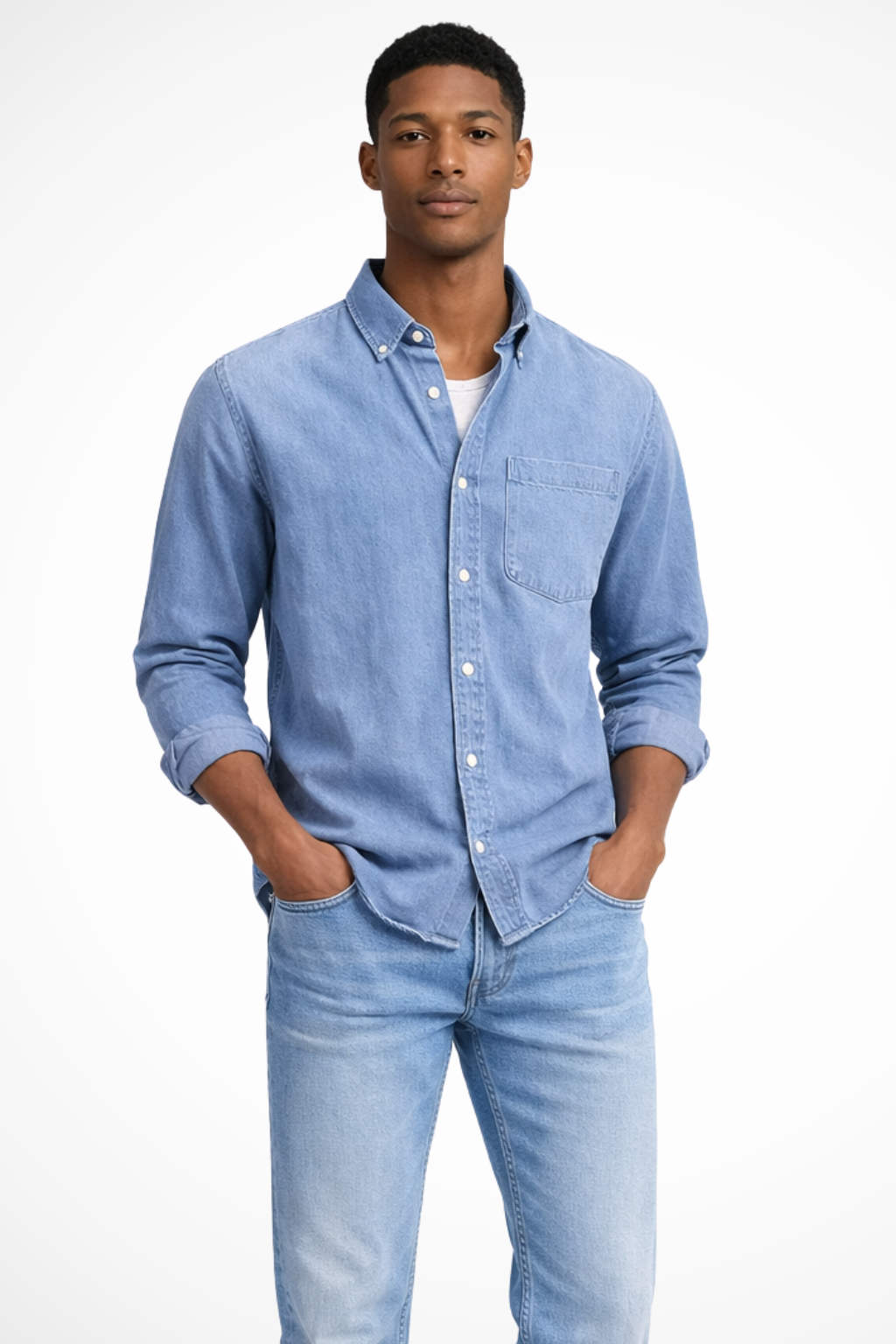 Herreskjorte i Denim – Langærmet med Knapper og Brystlomme