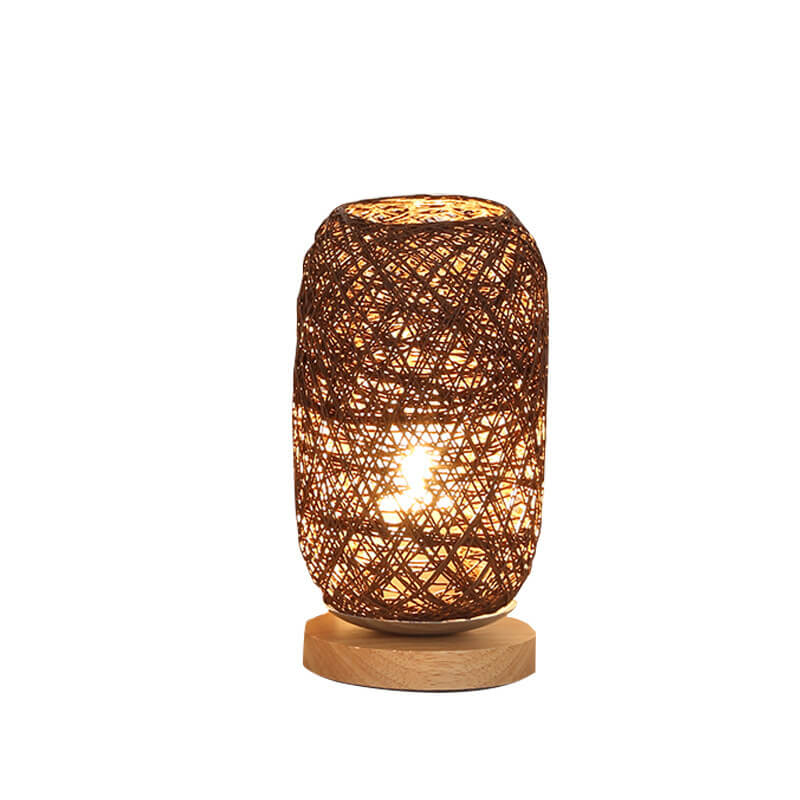 Bordlampe i Rattan og Træ – Industrielt Japandi-Design