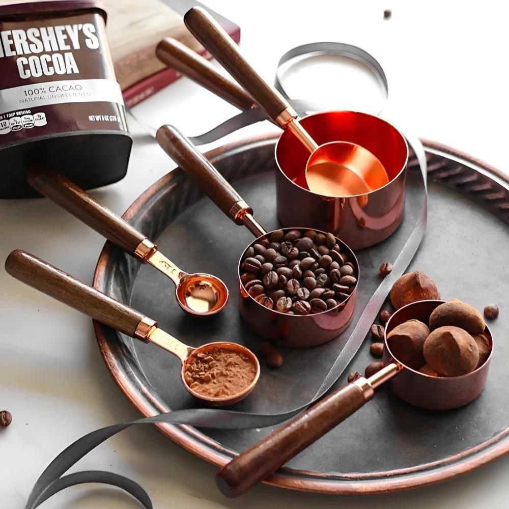 Copper Measuring Set – Stainless Steel with Copper Finish and Walnut Wood Handle for Kitchen or Baking