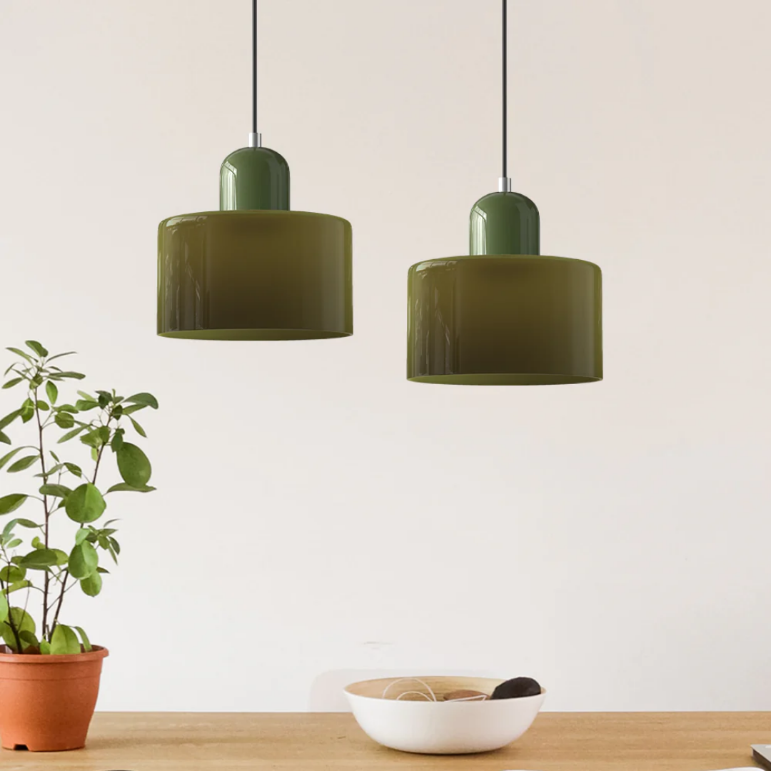 Retro Pendant Light – Dark Green and Orange Glass for a Dining Table or Reading Nook with Adjustable Hanging Length