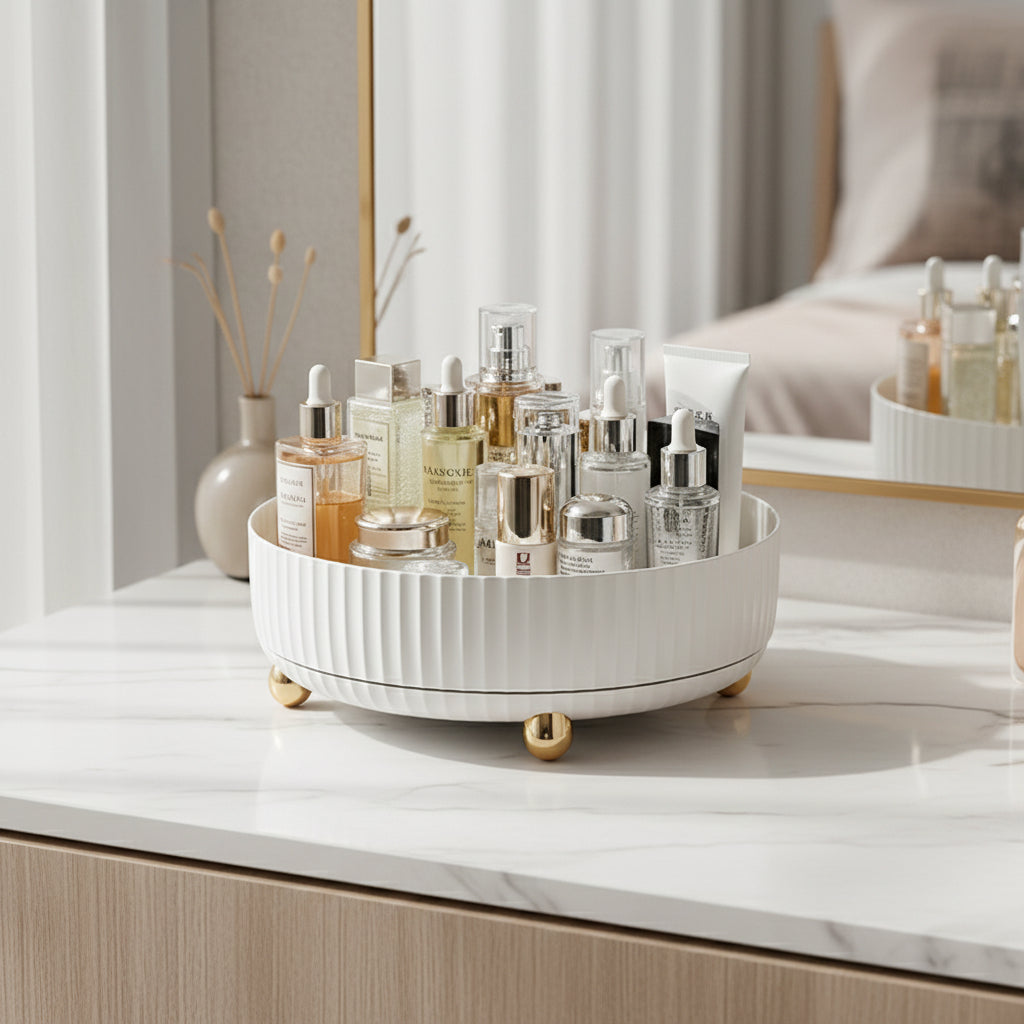 360° Rotating Organizer – White Plastic, Space-Saving Organizer for Kitchen, Bathroom, or Office