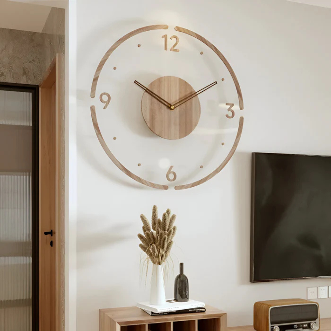 Modern wall clock – clear acrylic and wood, simple design for living room or office