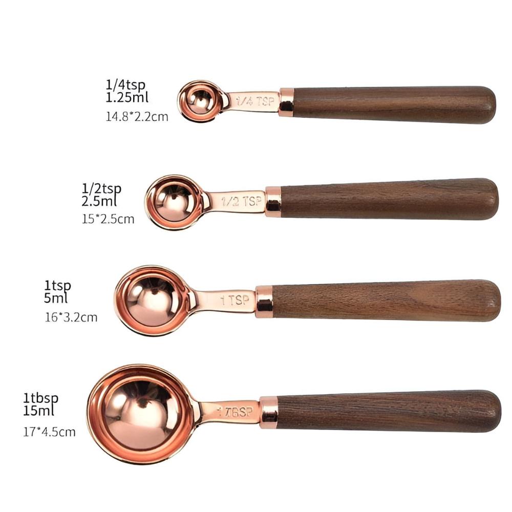 Copper Measuring Set – Stainless Steel with Copper Finish and Walnut Wood Handle for Kitchen or Baking