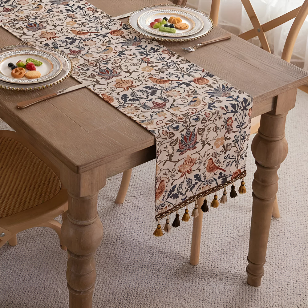 Vintage Jacquard Embroidery – Flowers and Birds, Rustic Design for Dining or Coffee Table