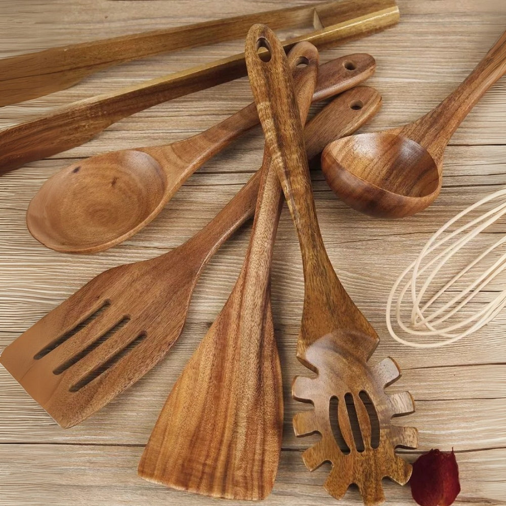Wooden Kitchen Utensils Set – 7-piece, Natural Shades for Cooking and Baking in the Kitchen