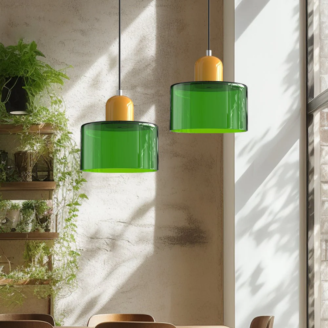 Retro Pendant Light – Dark Green and Orange Glass for a Dining Table or Reading Nook with Adjustable Hanging Length
