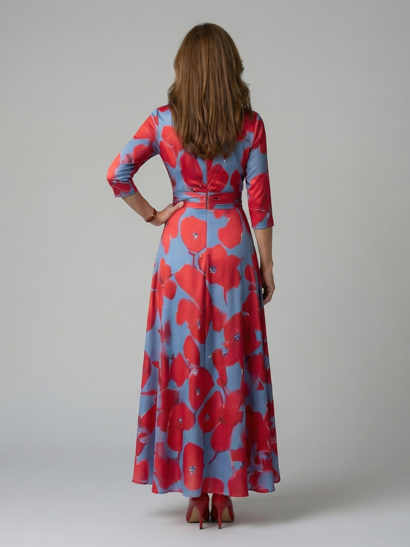 Dame Midikjole med Wrap-Hals og Blomsterprint