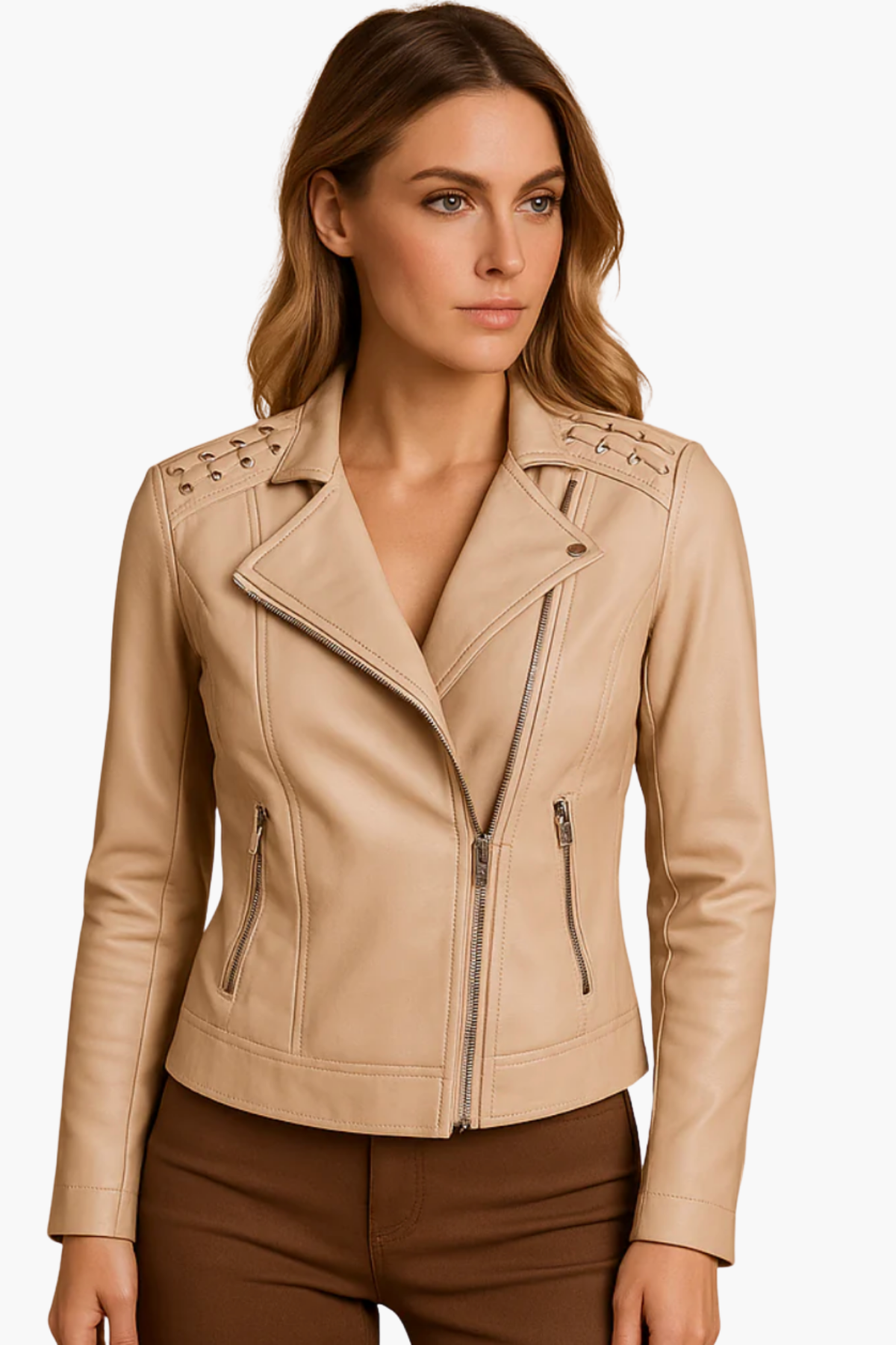 Veste biker en cuir femme, coupe ajustée style rock chic, vue de côté