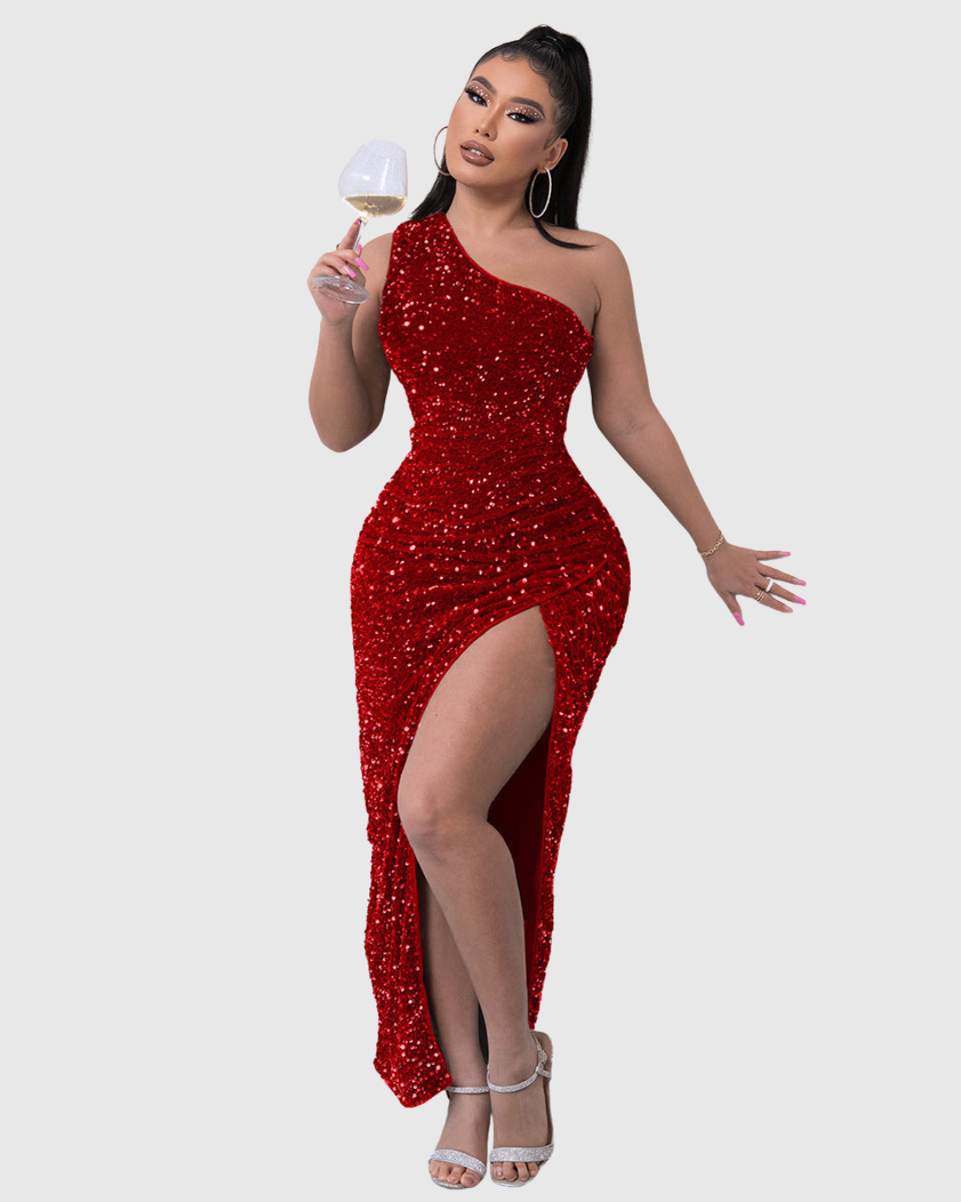Dame Aftenkjole med Pailletter og One-Shoulder Design