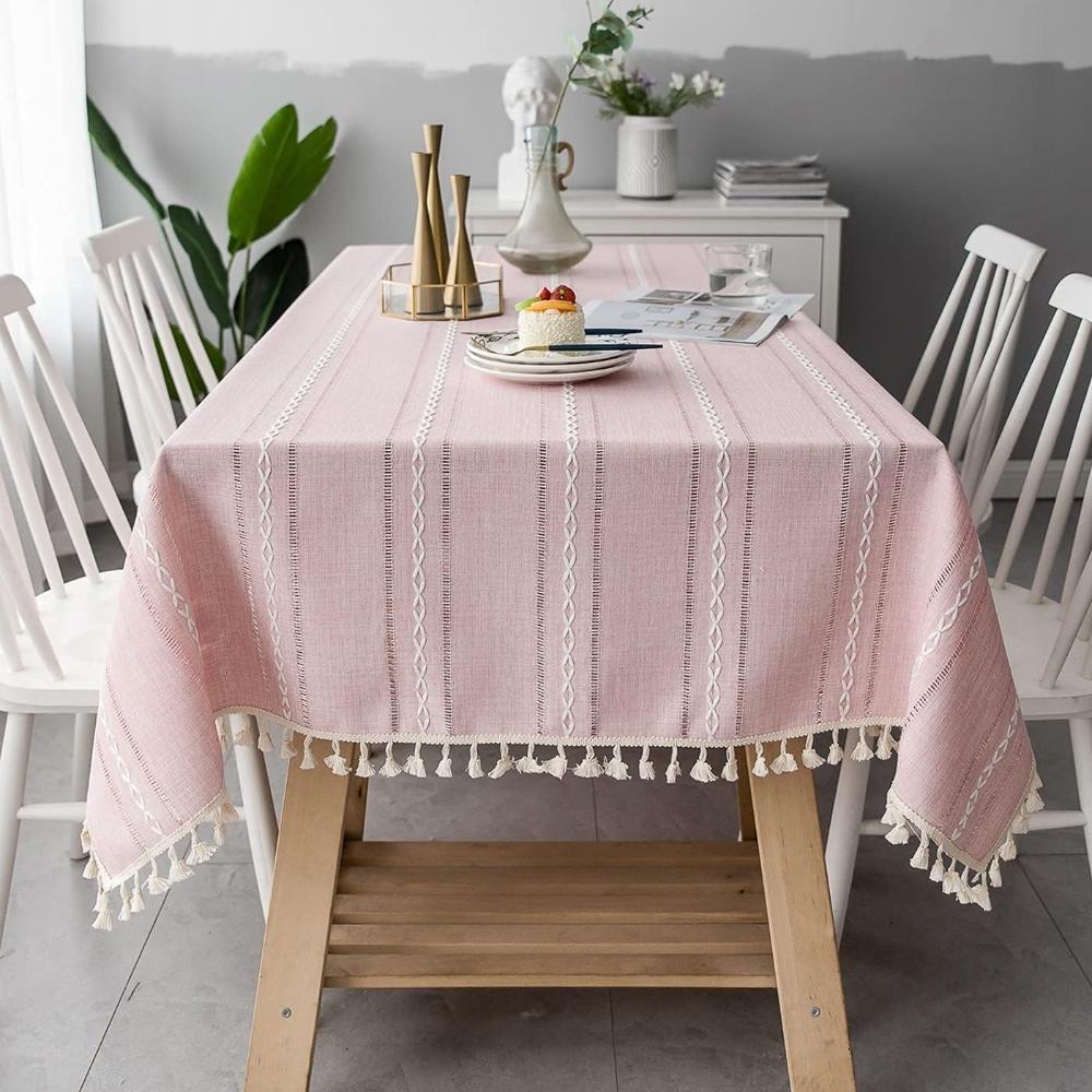 Cotton and Linen Tablecloth – Beige with Striped Design and Embroidery for Dining Table or Outdoor Parties