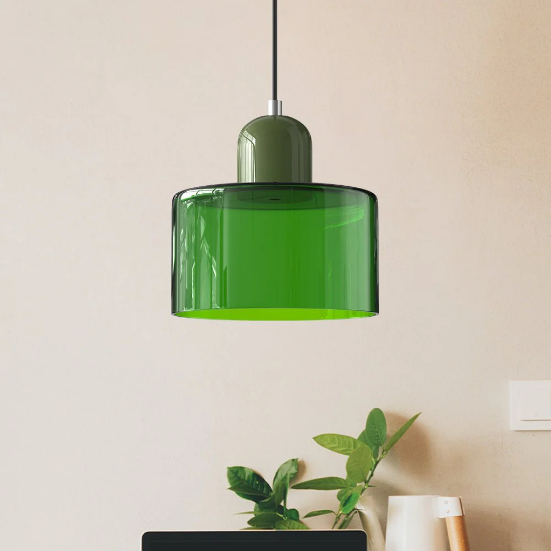 Retro Pendant Light – Dark Green and Orange Glass for a Dining Table or Reading Nook with Adjustable Hanging Length