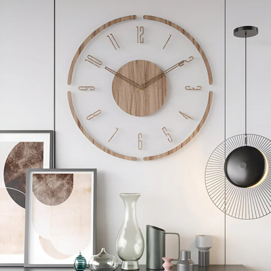 Modern wall clock – clear acrylic and wood, simple design for living room or office