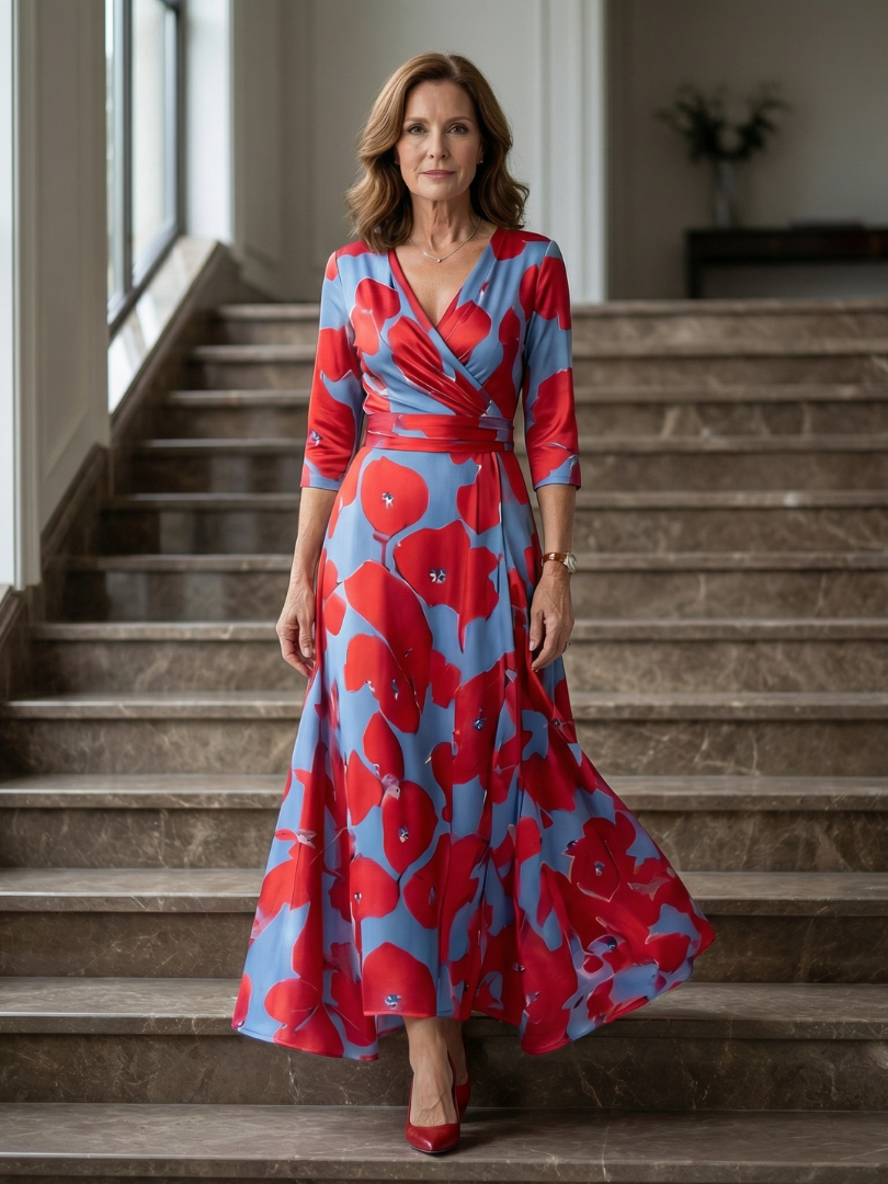 Dame Midikjole med Wrap-Hals og Blomsterprint