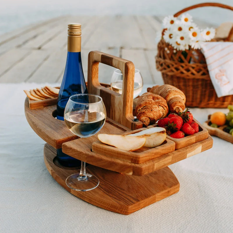 Picnicbord i Træ – Kompakt Vinbakke til Have, Altan og Udendørs Brug