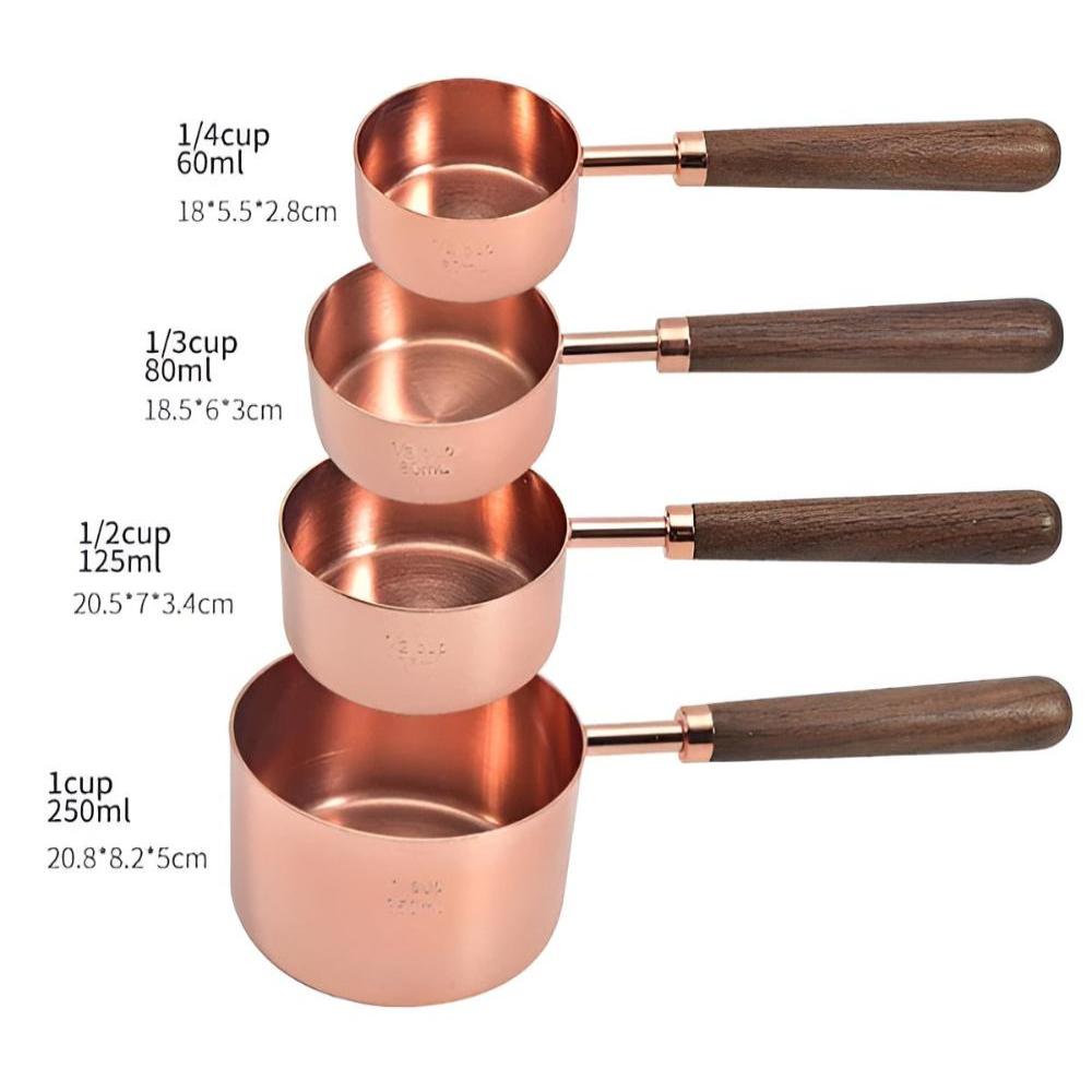Copper Measuring Set – Stainless Steel with Copper Finish and Walnut Wood Handle for Kitchen or Baking