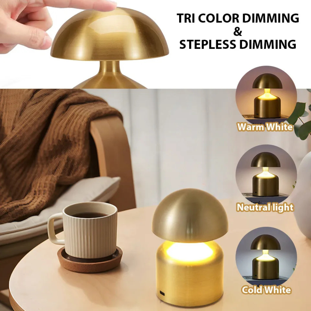 Rechargeable Table Lamp – Retro Mushroom Shape, Metal Finish for Bedroom or Living Room