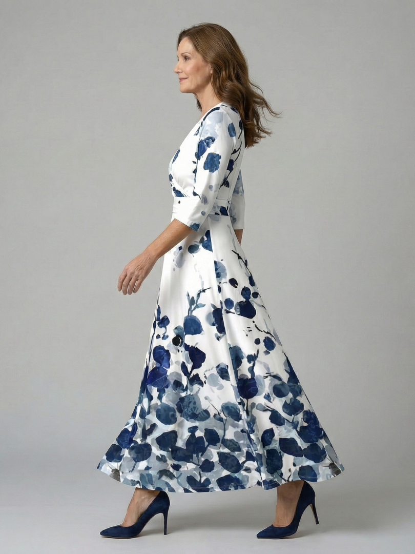 Dame Midikjole med Wrap-Hals og Blomsterprint