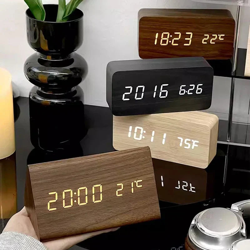 Wooden Alarm Clock – LED Display with Voice Control for Modern Interior Decor