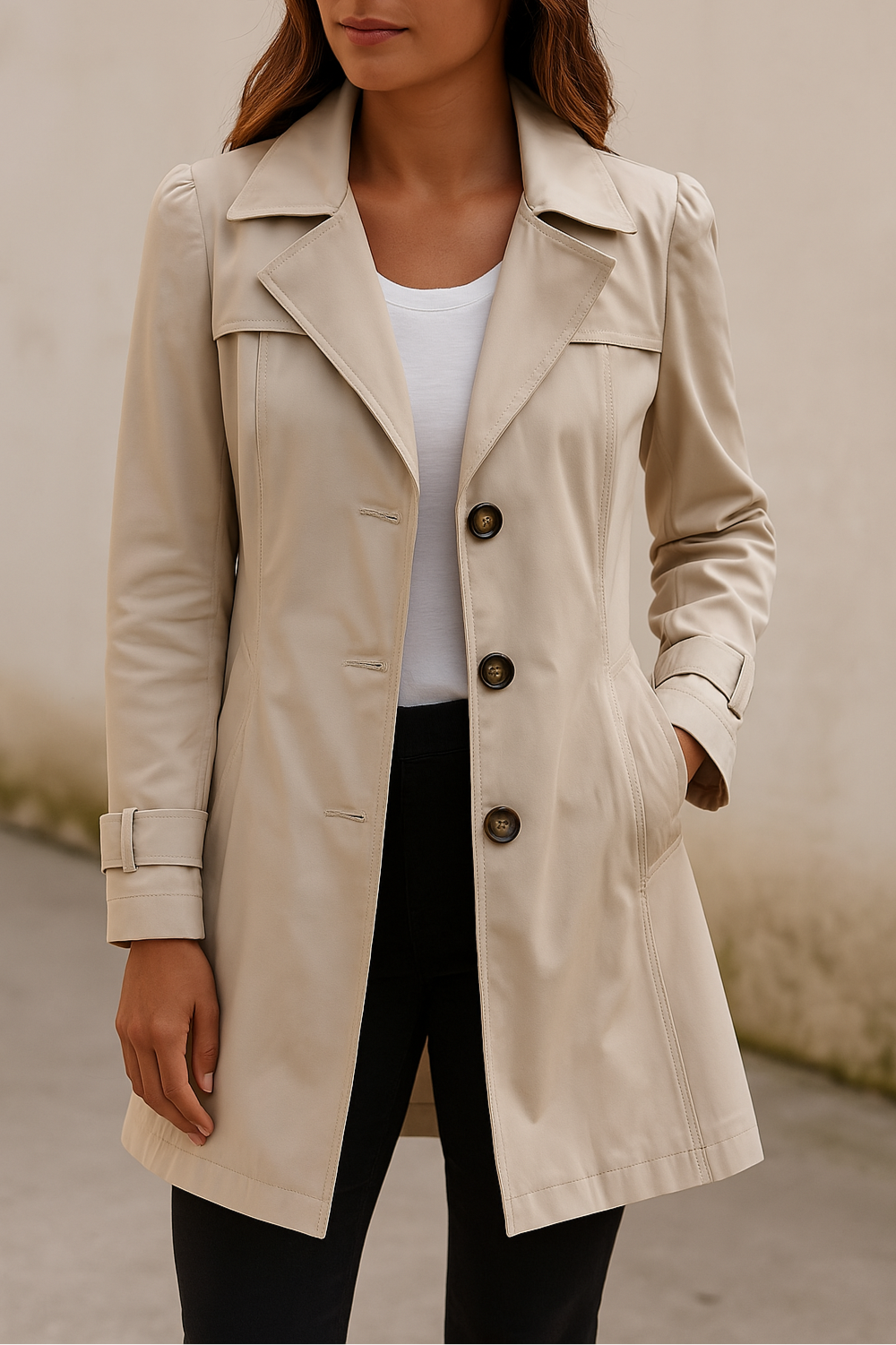 Dame Trenchcoat i Klassisk Snit med Dobbelt Knapning