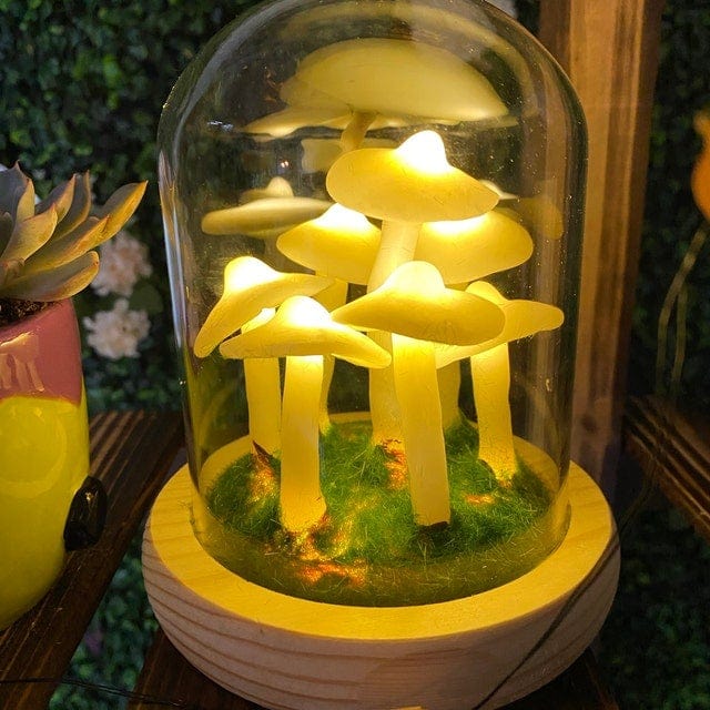 DIY Mushroom Lamp – Glass and Wood, Creative Table Decoration for the Living Room or Bedroom