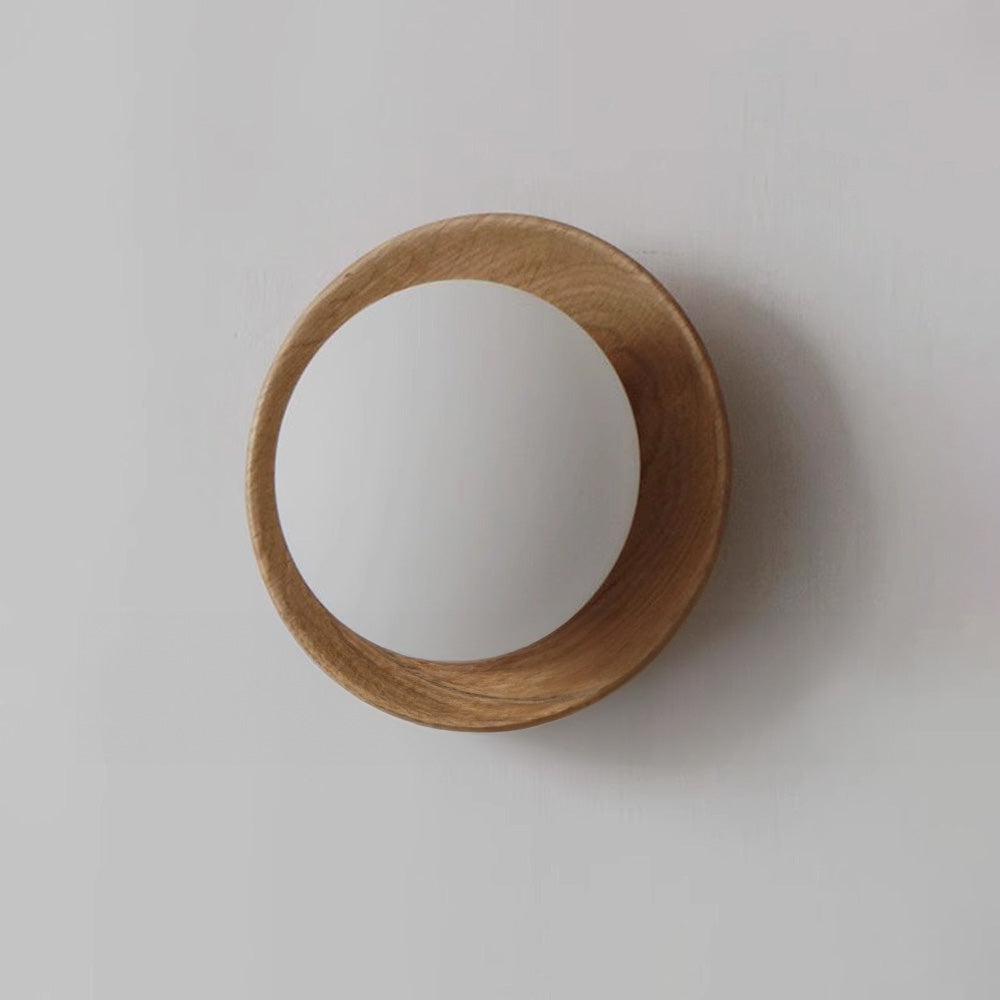 Væglampe i Naturligt Træ og Glas - Rund Model