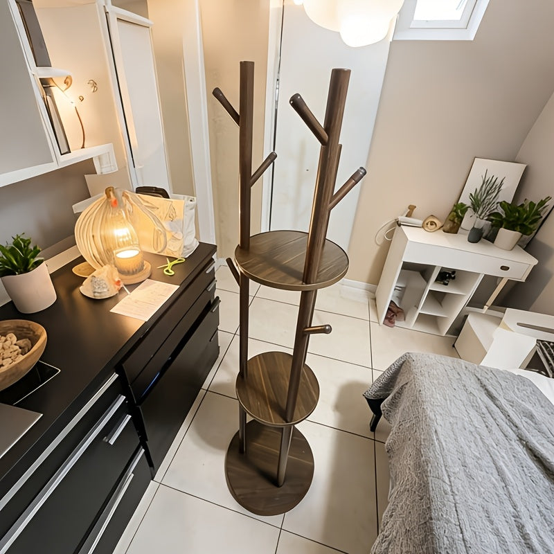 Solid Wood Clothes Rack – Walnut, 3 Shelves & 9 Hooks, 360° Rotating for Hallway or Bedroom