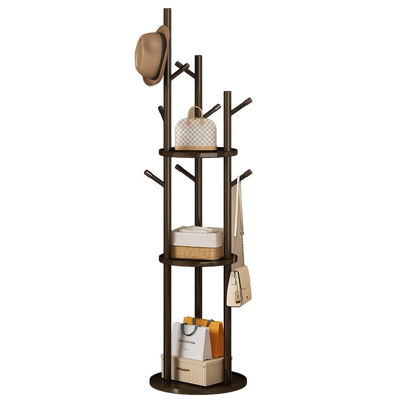 Solid Wood Clothes Rack – Walnut, 3 Shelves & 9 Hooks, 360° Rotating for Hallway or Bedroom