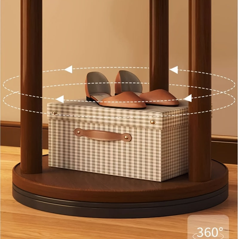 Solid Wood Clothes Rack – Walnut, 3 Shelves & 9 Hooks, 360° Rotating for Hallway or Bedroom